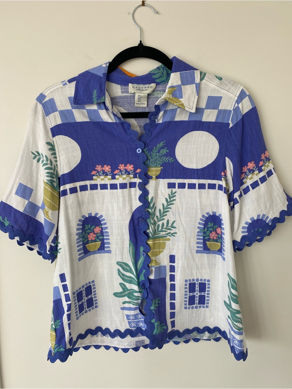 Calypso St. Barth Blue & White Scalloped-Trim Button Down Top